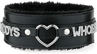 Pink Furry Heart O-ring Leather Choker Collar For Women, Handmade Punk Gothic Letter Necklace Adjustable Fashion Jewelry