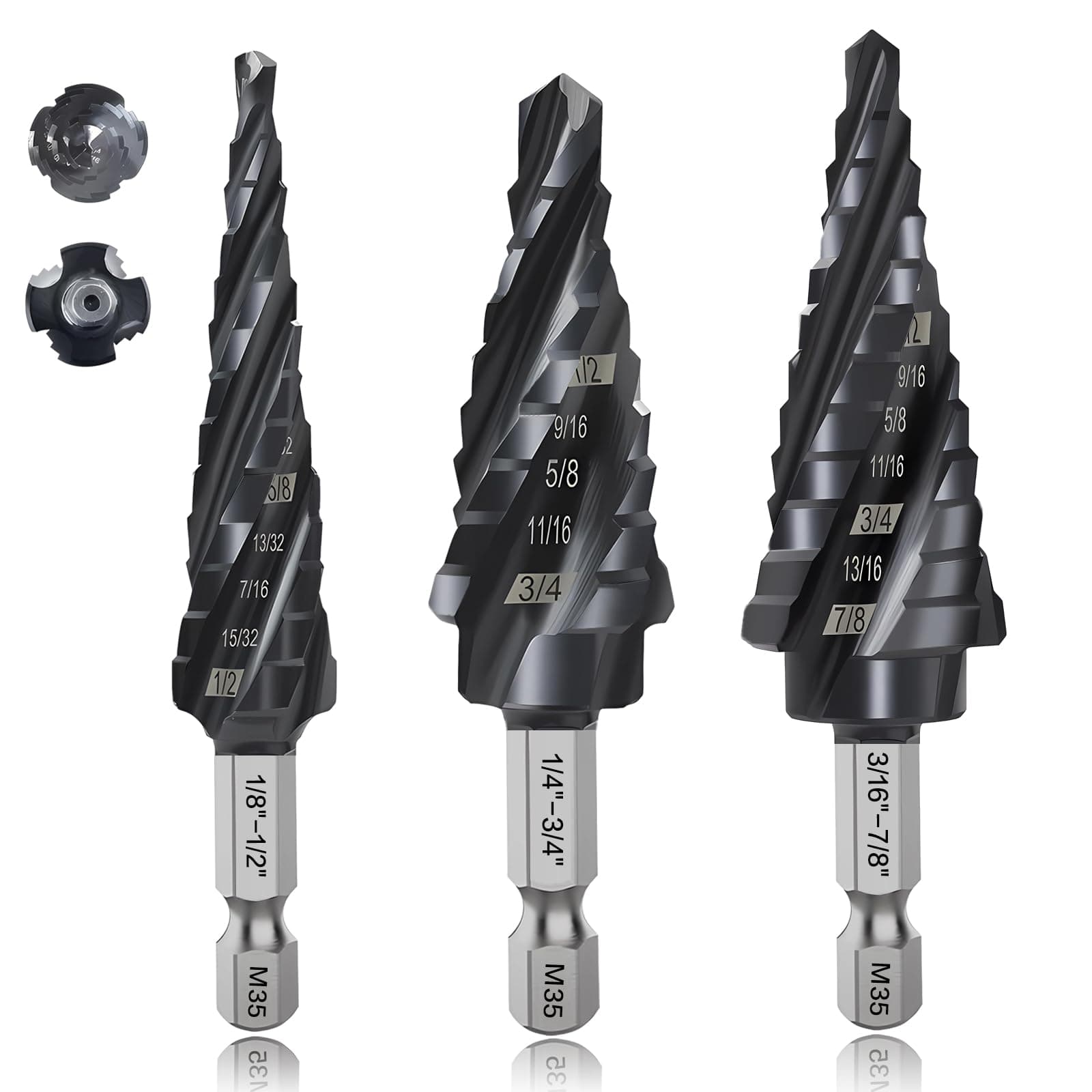 DKIBBITH3-pc Step Drill Bit Set for Metal Wood 1/8"-7/8", 4-Spiral Flutes, M35 HSS Cobalt Unibits, 1/4" Hex Shank, Al-Ti-N Coated Drill Bits for 19 SAE Size Holes in Steel Aluminum Wood Plastic