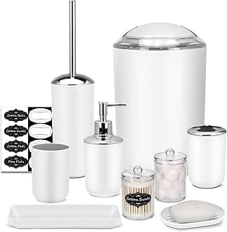IMAVO Bathroom Accessory Set - 8 Pcs White Set with Trash Can, Soap Dispenser, Soap Dish, Toothbrush Holder, Toothbrush Cup, Toilet Brush Holder, Qtip Dispenser