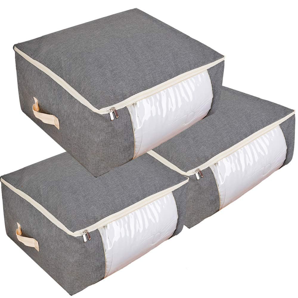 Qozary 3 Pack Large Storage Bags for Comforters, Blankets, Clothes, Quilts and Towels, Better and Sturdy Under Bed Organizer Bag for Closets, Bedrooms (Gray, Extra Large - 105L - 27.5 x 11.8 x 19.6)