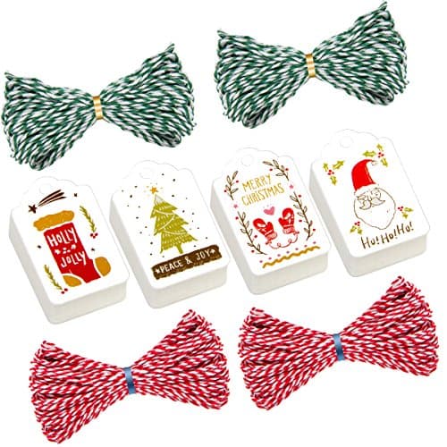 200 Pieces Christmas Hanging Tags- Hang Labels in 4 Designs with 2 Colors Strings for Xmas Holiday Wrapping Decorate Party Favor
