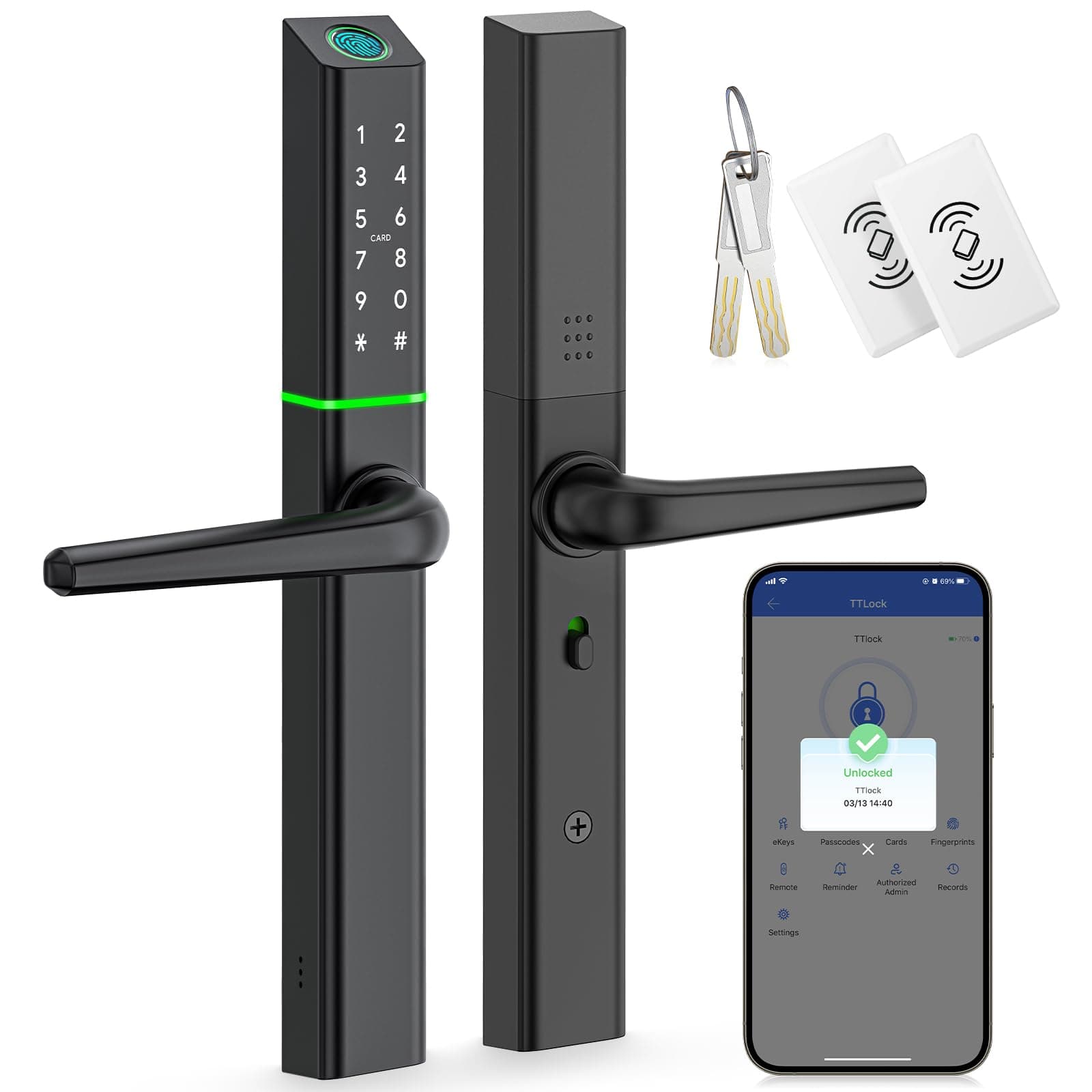 Weatherproof Smart Door Lock with Handle: Fingerprint Keyless Entry - Digital Code Door Lock for Aluminum Wooden Door - Bluetooth Electronic Deadbolt - APP Control - Slimline Design