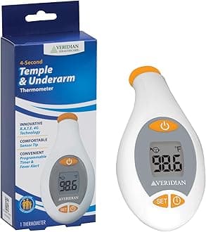 Veridian Healthcare Temple & Underarm Thermometer | Infrared Measurements | Fast 4-Second Readout | Fever Alert | Backlit Display | Programmable Timer | 1-Year Warranty