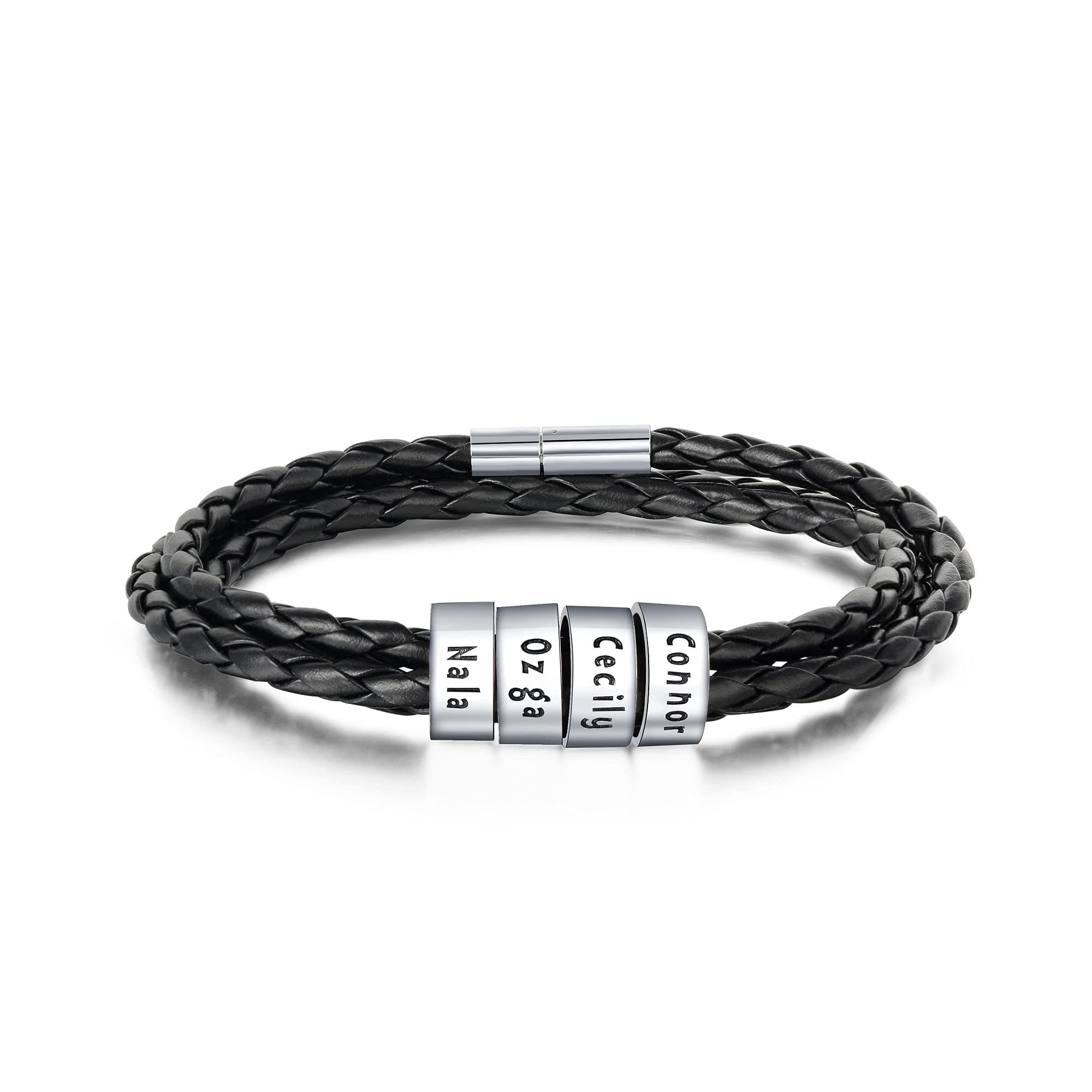 RESVIVI Sterling Silver Personalized Men Black Braid Bracelet Custom Made with Small Custom Beads