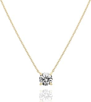 14K Gold Plated Crystal Solitaire 1.5 Carat (7.3mm) Cubic Zirconia Dainty Choker Necklace | Gold Necklaces for Women