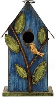 Glitzhome Bird Houses for Outside, 9.7" H Hanging Bird House for Outdoor, Patio Garden Decorative Pet Cottage Distressed Wooden Birdhouse for Bluebird Hummingbird Wren Finch Cardinals, Blue Leaves