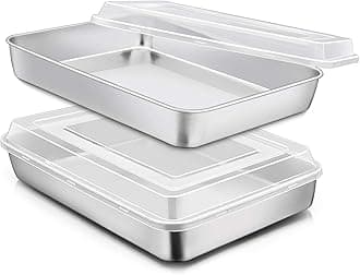 Stainless Steel Baking Pan with Lid, 12⅓ x 9¾ x 2 Inch Rectangle Sheet Cake Pans with Covers Bakeware for Cakes Brownies Casseroles, Non-toxic & Healthy, Heavy Duty & Dishwasher Safe - Set of 2