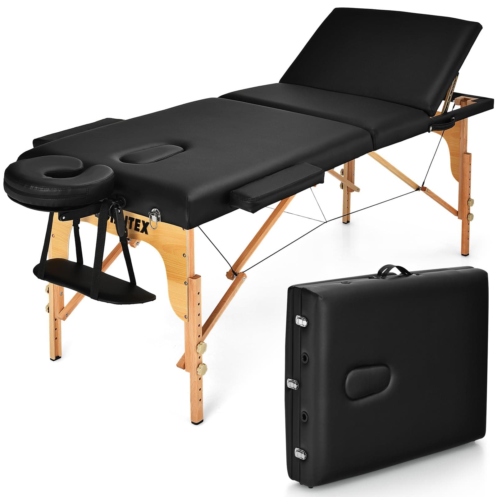 84inch Folding Massage Table Lash Bed, Portable 3 Sections Spa Salon Tattoo Bed with Face Cradle Armrests Wooden Legs, Professional Massage Bed Height Adjustable with Carry Case (Black)