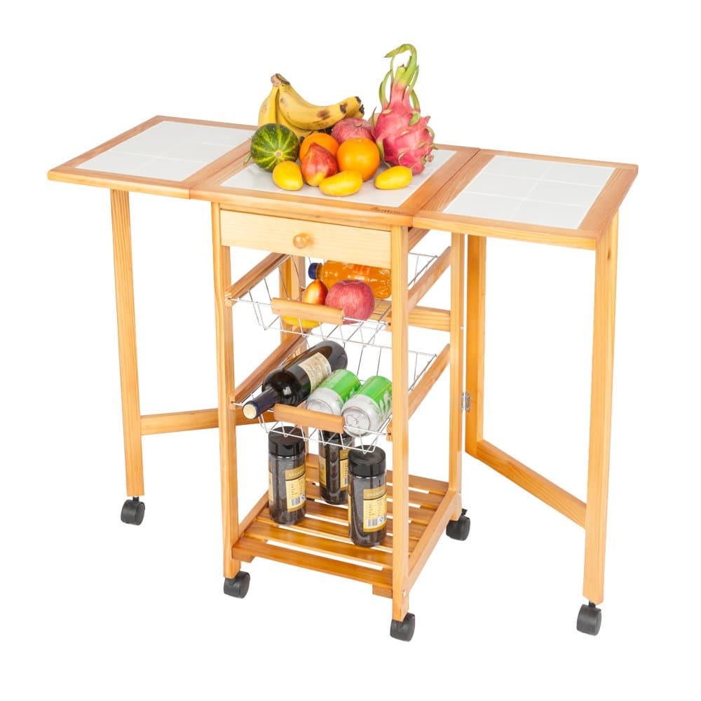 Kepooman Kitchen Dining Cart Wood Portable Folding Rolling Drop Leaf Kitchen Island Storage Trolley Cart Shelves w/Drawers,Rack,Fruit Baskets,Brown