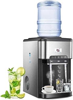 NUNET 3-in-1 Portable Ice Maker Water Dispenser Countertop Built-in Ice Machine 44lbs Ice Daily Top Loading 5 Gallon Hot Cold Water Dispenser w. 4lb Ice Storage & Cleaning Sets, Water Pump
