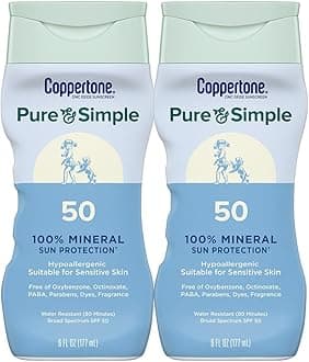 Coppertone Pure and Simple Zinc Oxide Mineral Sunscreen Lotion SPF 50, Water Resistant Sunscreen for Sensitive Skin, Hypoallergenic and Fragrance Free, 6 Fl Oz Bottle, Pack of 2