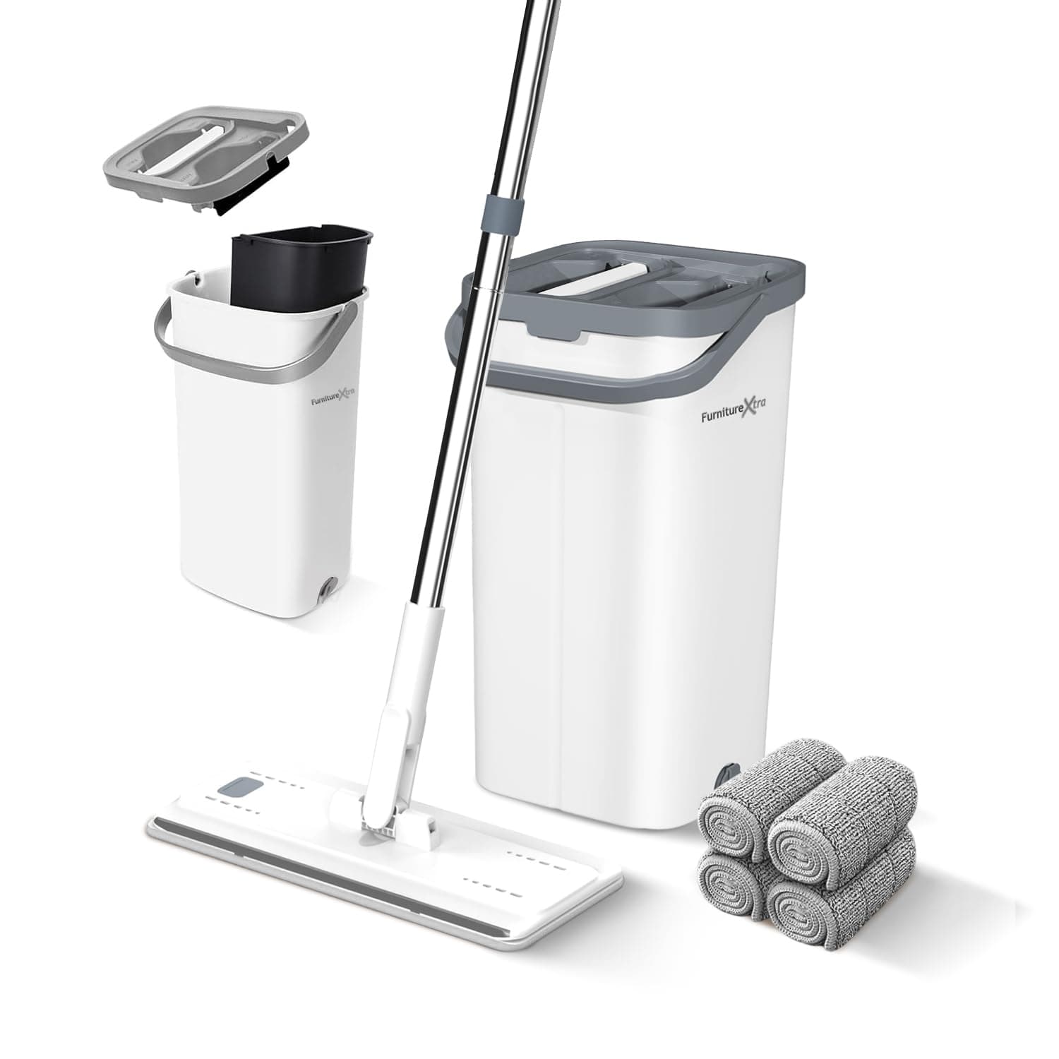 Mop and Bucket Set. Microfibre Flat Mop for Wet & Dry with Stainless Steel Handle, Twin Chamber Bucket Suitable for All Floor