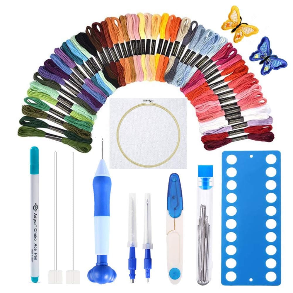 [Latest Model]Punch Needle Embroidery Kit,Punch Needle Set Magic Embroidery Pen with Cloth,50 Colors Threads&Embroidery Tools