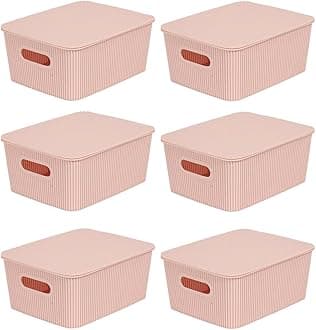 Glad Storage Baskets with Lids - Set of 6 Stackable Plastic Boxes with Handles - Decorative Shelf Organizer Bins for Bathroom and Closet, Pink, 1 Gallon