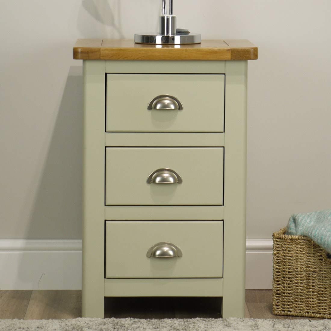 Aspen Painted Oak Sage Grey 3 Drawer Bedside Table/Chest/Storage Unit