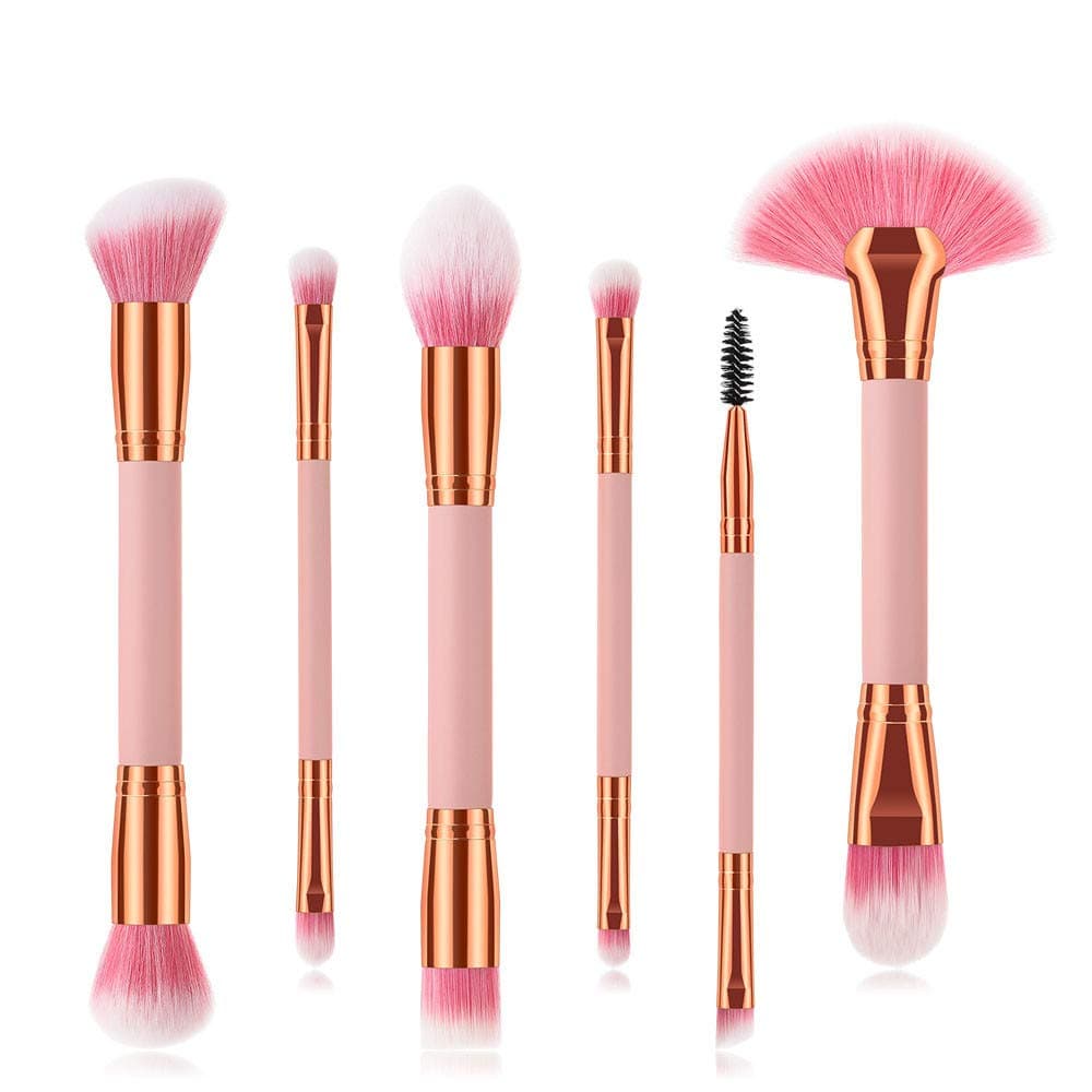 Veepola 6PCS Double-end Makeup Brush Sets Professional Foundation Blending Blush Concealer Eyes Facial Liquid Powder Cream Cosmetics Brush (Pink)