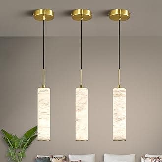 LMQNINE Natural Alabaster Pendant Lights for Kitchen Island White Marble Long Tube Chandelier 4000K Modern Gold Ceiling Light Fixtures for Bedroom Dining Room Table Living Room Hallway(S-3Pack)