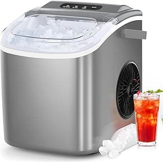 Ice Maker Countertop, Portable Ice Machine with Self-Cleaning, 26.5lbs/24Hrs, 9 Bullet Ice Cubes in 6 Mins, Ice Basket and Scoop, Ideal for Home, Kitchen, Bar, Camping, Grey