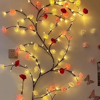 Rose LED Tree Branch Lights for Wall,Rose Blossom Willow Vine Branch Room Decor Gift,Flexible DIY Design,with 48 LED Lights and Remote,8 Lighting Modes,for Bedroom and Wall Decor (47inch)