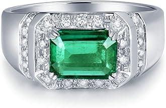 Platinum Ring for Men, Anniversary Ring for Him 1.42ct Rectangular Emerald with 0.35ct Diamond Promise Engagement Ring White Gold