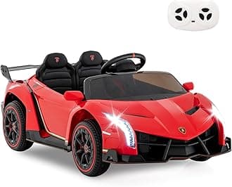 GYMAX Kids Ride on Car, 12V Battery Powered Licensed Lamborghini Car with Remote Control, Music, 3 Speeds, AUX/USB & Safety Belt, Children Electric Vehicle for 3-8 Years Old (Red)