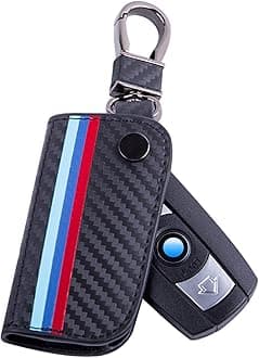 JKCOVERKey Fob Holder Protector Compatible with BMW Remote Fob, M-Colored Stripe Black Carbon Fiber Pattern Leather Key Cover with Keychain (for Older 1 3 5 6 Series X5 X6 Z4)