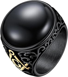 BestyleChunky Signet Ring for Men, Stainless Steel/Black Ring Synthetic Gemstone Band Ring Biker Ring for Men, Thumb Pinky Ring Mens Fashion Ring Jewelry Size 7-14, Gift Package