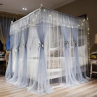 Joyreap Luxury 4 Corners Post Canopy Bed Curtains - Grey & White Cozy Drape Netting - Cute Princess Style Bedroom Decoration Accessories(86" W x 78" L, King)