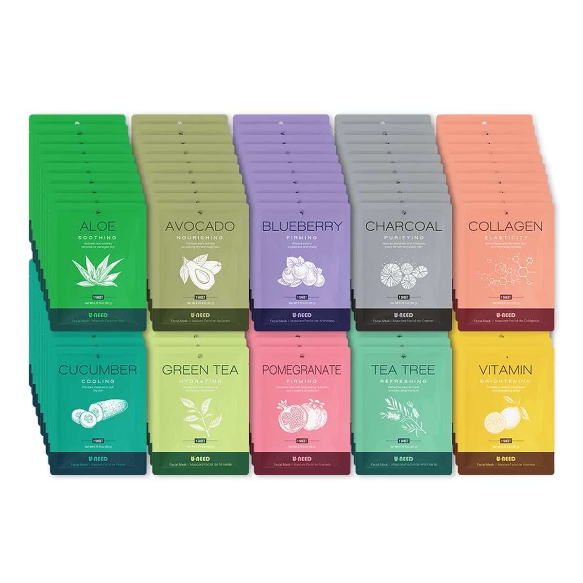 - 100 pcs Korean Face Sheet Mask (10 Types x 10 pcs) Natural Facial Mask Sheet | Tencel | Skin Care | Made in Korea | Moisturizing & Tightening | Pigment Balancing | K-Beauty