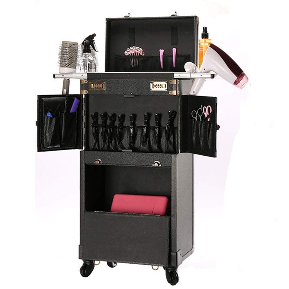 Hairdressing Trolley Rolling Locking Make-up Train Case Artists Cosmetic Luggage Box Hair Stylist Station Brush Hair Dryer Holder with 4-Wheels