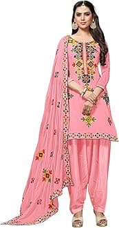 Women's Chanderi Cotton Embroidered And Mirror Work Unstitched Salwar Suit Material, Light Pink, Free Size