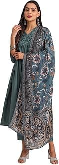 Womanista Women's Cotton Blend Floral Yoke Design Pleated Thread Work Kurta Trouser With Dupatta Set (Kurtaset_1214)