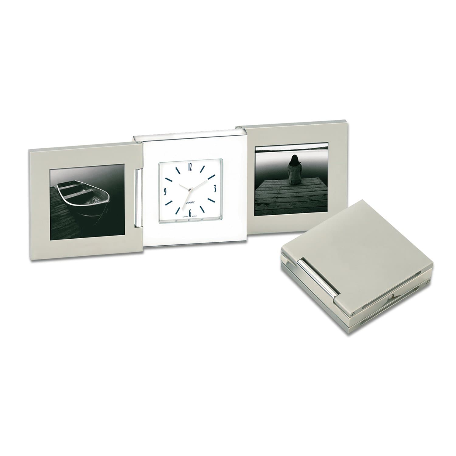 Fold-up Travel Desk Clock with 2 Photo Frames, for 1 3/4" w x 2" h Photos, Silver