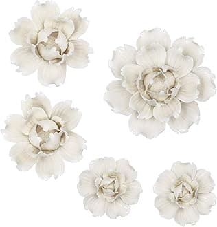 5 Pcs Ceramic Flower Wall Decor Handcrafted 3D Hanging Porcelain Flowers Wall Art Ceramic Peony White Sculpture for Girls Room Hallway Farmhouse Home Decor