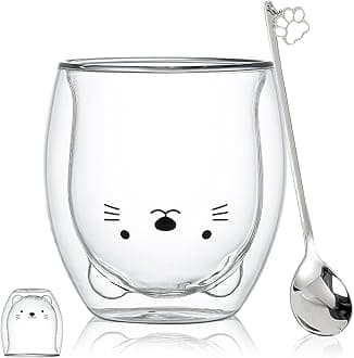 Cat Mug Cute Mugs Glass Double Wall Insulated Glass Espresso Cup, Kawaii Cup, Coffee Cup, Tea Cup, Milk Cup, Best gift for Office and Personal Birthday Christmas (Cat)