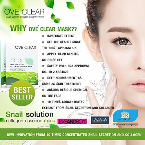 Ove' Clear Snail Solution Collagen Essence Mask Korea 5 Sheets/Box Fast Result
