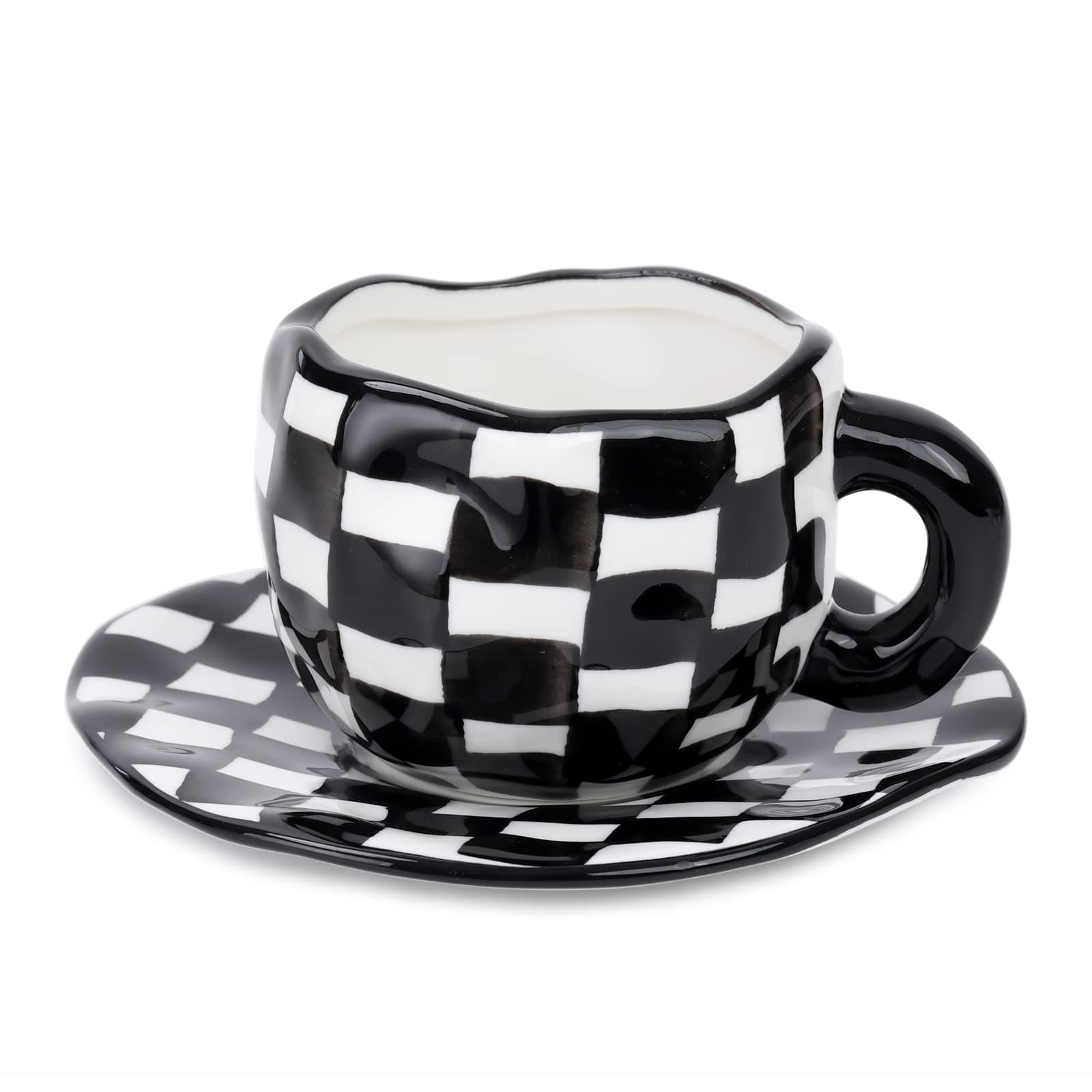 Checkered Mug Ceramic Checker Tea Cup and Saucer Set 10 oz