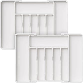 Lifewit Silverware Drawer Organizer, Expandable Utensil Tray for Kitchen, BPA Free Flatware and Cutlery Holder, Adjustable Plastic Storage for Spoons Forks Knives, 2 Pack, White, 13-22 x 15"