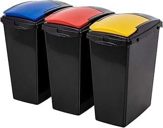 Addis Recycling 40 Litre Set of 3 Waste Utility Plastic Bins Interlocking Clips, Lift, Red & Yellow, Black Colour Coded lids Blue, Red, Yellow, 3 x 40