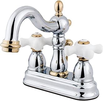 Kingston BrassKB1604PX Heritage 4-Inch Centerset Lavatory Faucet with Porcelain Cross Handle, Polished Chrome and Polished Brass