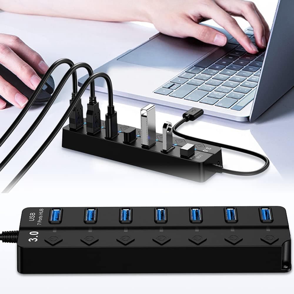 USB Hub Active 3.0 with Power Supply, 7 Ports USB 3.0 Hub, USB 3.0 Port Splitter, with Power Adapter and Single On/Off Switch, for Charging and Data Transfer