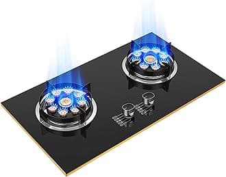 Dual Burner Gas Cooktop, Drop-in Tempered Glass Gas Stovetop, Home Kitchen Gas Countertop Gas Range Hob, Thermocouple Protection and Easy to Clean, Black