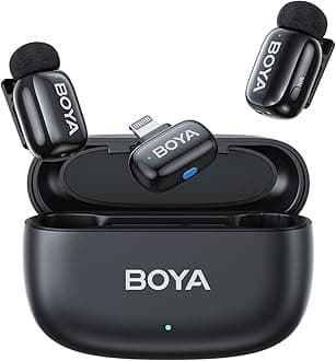 BOYA Mini Wireless Microphone for iPhone 11/12/13/14, MFI Certified, Lightning Connector, Pin Microphone, Noise Cancelling, 30 Hours Battery Life, Charging Case Included, Voice Changer, Sync Audio and