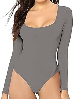 MANGDIUP Women's Essential Bodysuit - Scoop Neck Long Sleeve Slim Fit Stretch Cotton Spandex Jumpsuit