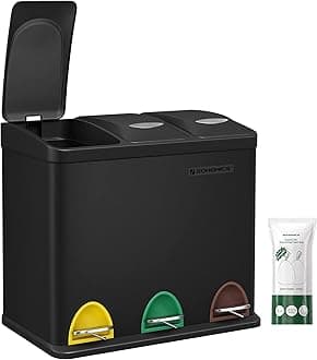 SONGMICS LTB24BK Small Volume Kitchen Waste Sorting Bin with Lids, Triple Steel Bin for Small Families, Pedals and Buckets, Easy to Clean, Black, 3 x 8L