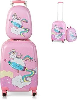 Maxmass 2PCS Kids Luggage Set, Hard Shell Children Trolley Case with 4 Universal Wheels, Girls Boys Suitcase and Backpack Set for Travel (Pink Unicorn, 12"+18")