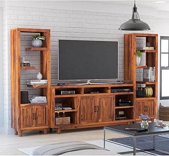 Sheesham Wood Entertainment TV Unit & Set of 2 Book Shelf for Living Room | TV Cabinet with Two Open Display Decor Bookcase | TV Table with 2 Shelf & 2 Door Storage and Bookshelf, Honey