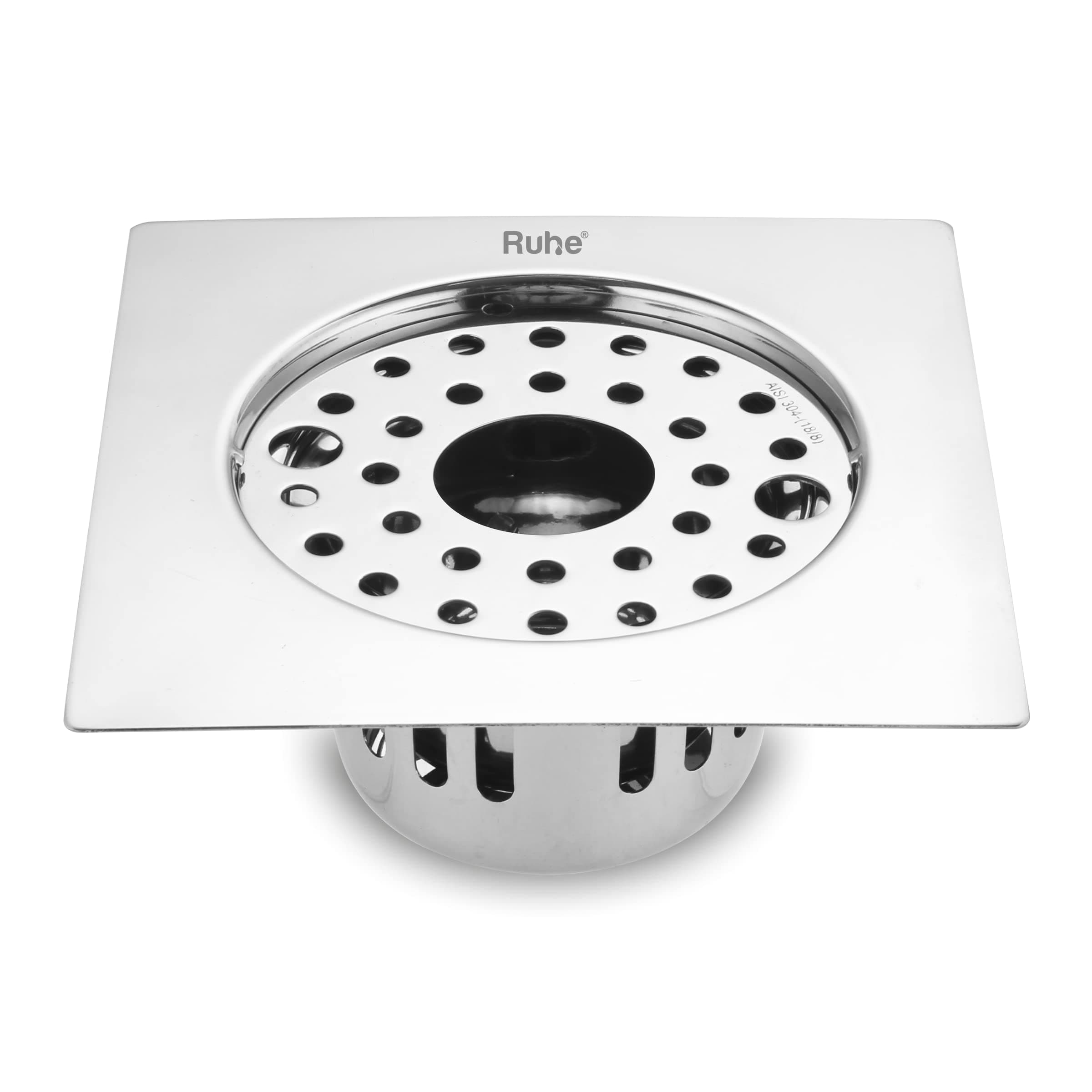 Ruhe® Classic Flat Cut Square Floor Drainer | 304-Grade Stainless Steel Floor Drain- Classic Flat Cut Square with Cockroach Trap/Jali & Hole | (6x6 inches)