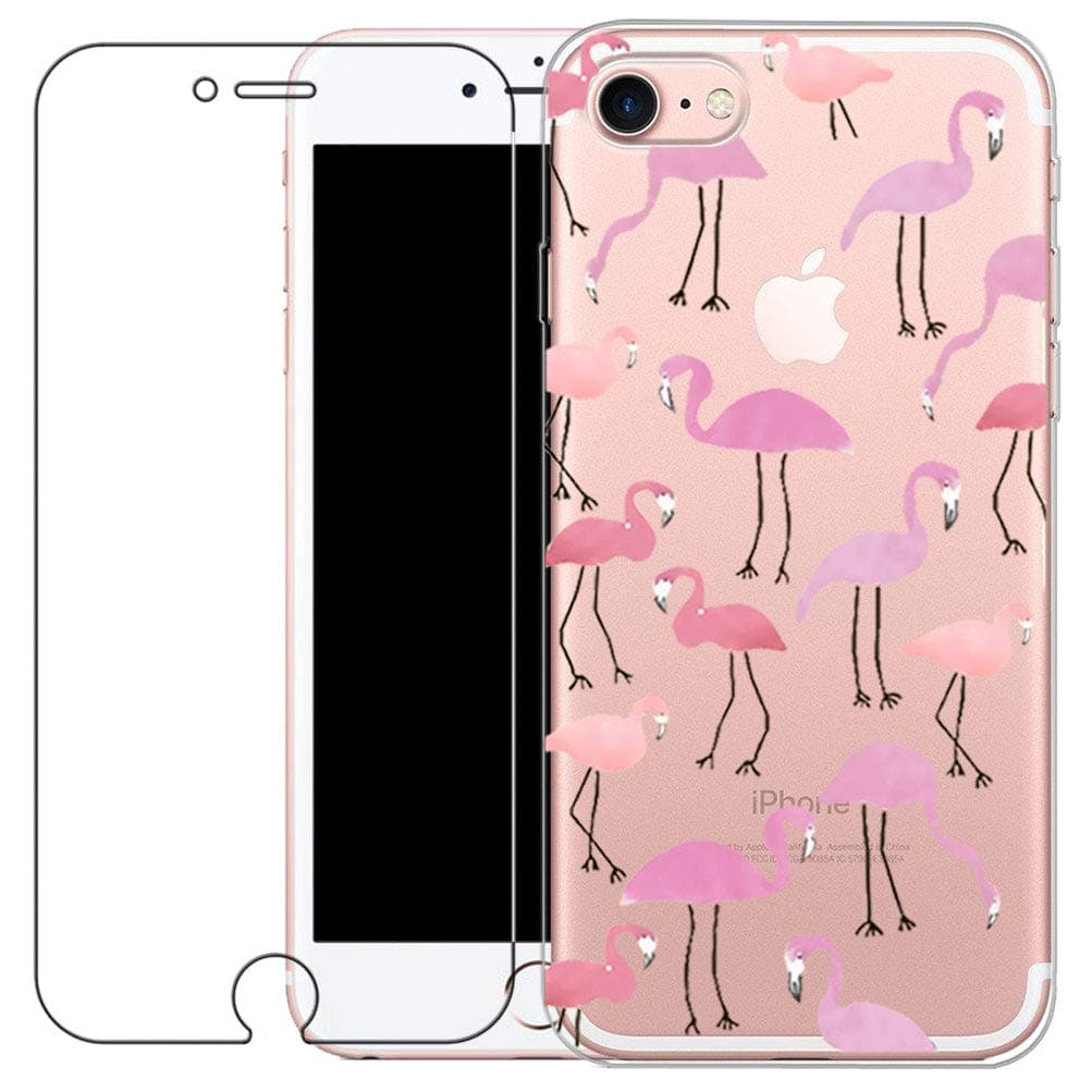 shumeifang Compatible with iPhone 7/8/ SE 2020 Case, Crystal Clear Soft Silicone Gel TPU Case with Tempered Glass Screen Protector for iPhone 7/8/iPhone SE 2020 - Flamingo