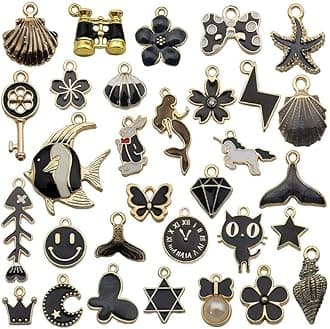 Street27® 1 Set 31pcs DIY Mixed Assorted Gold Plated Enamel Charm Unicorn Flower Dress Fish Shell Moon Star Animals Pendant DIY for Necklace Bracelet Jewelry Making and Crafting Charms, Alloy, No